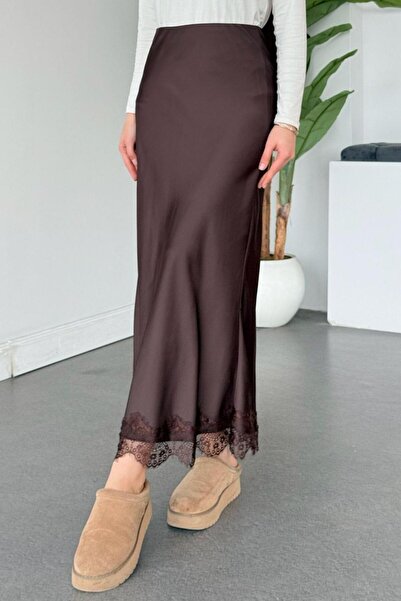 Şulemoda Giyim Scalloped Satin Skirt Brown