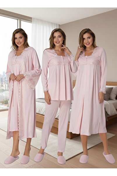 Lohusa Homewear Women's Pink Long Sleeve Elegant Design Lace Cotton Maternity...