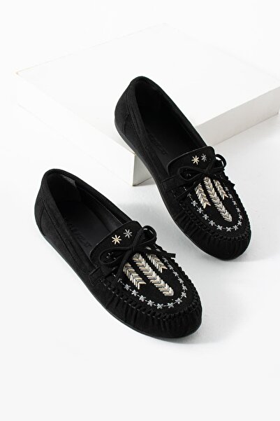 diclepolat Women's Suede Embroidered Ballerinas Soft Sole Casual Shoes Raven