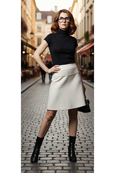 ZUM Diz Üstü Bej Taş Rengi Selanik Kadın Kloş Etek Yüksek Bel Beli Lastikli G...