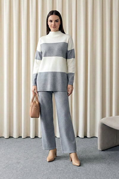 MODAQU Half-Throat Stripe Knitwear Set - Gray