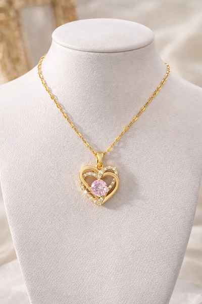 Z&T ACCESORIES Pink Zircon Stone Heart Figured Women's Necklace