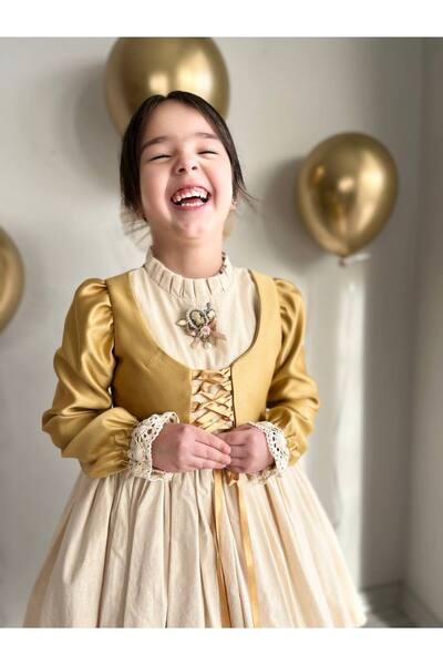 sarena Gold Yelek Detaylı Kız Çocuk Keten Kabarık Prenses Elbise