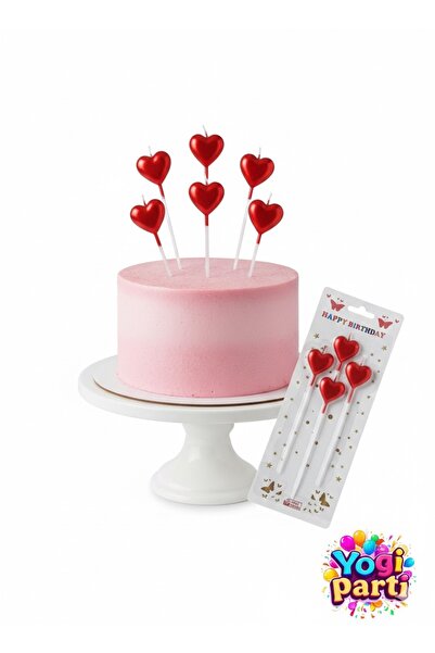 Yogi parti Sevgililer günü Kırmızı Metalik Kalp Figürlü Uzun Pasta Mumu Seti ...