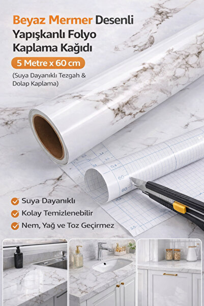 Hane Dostu 5 Metre Beyaz Mermer Desenli Yapışkanlı Folyo Kaplama Kağıdı (Suya...