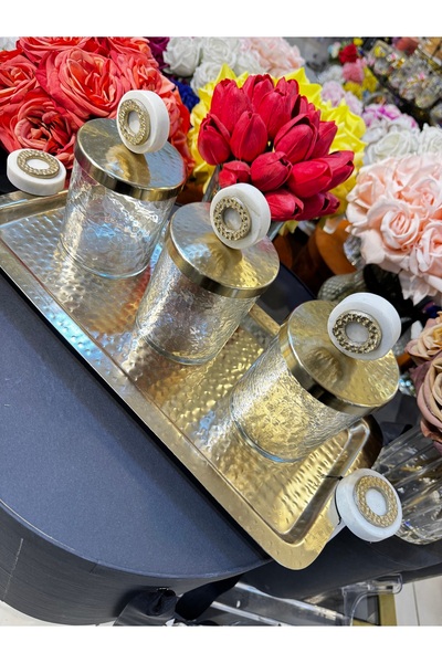 hediye Esterhomedecor 3-Piece Glass Spice Rack with Tray, Antique Silver