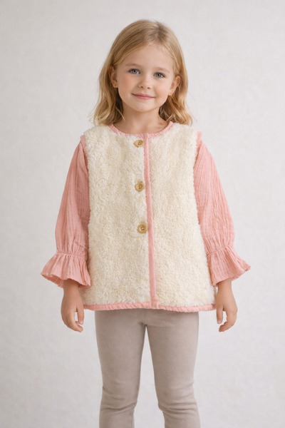 HEREN Kız Çocuk Peluş Teddy Yelekli Müslin Gömlek Takımı – Ahşap Düğmeli Kışl...