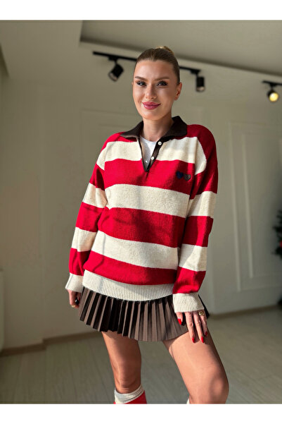 Store Polo Collar Cashmere Textured Heart Embroidered Striped Red Sweater