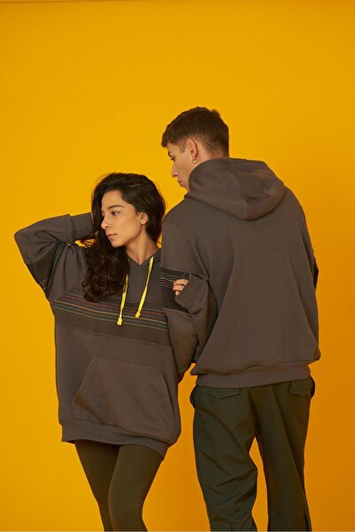 Nani Collection Nani | Antrasit Rengi, Renkli Çizgili Parça Desenli Oversize Unisex Sweatshirt