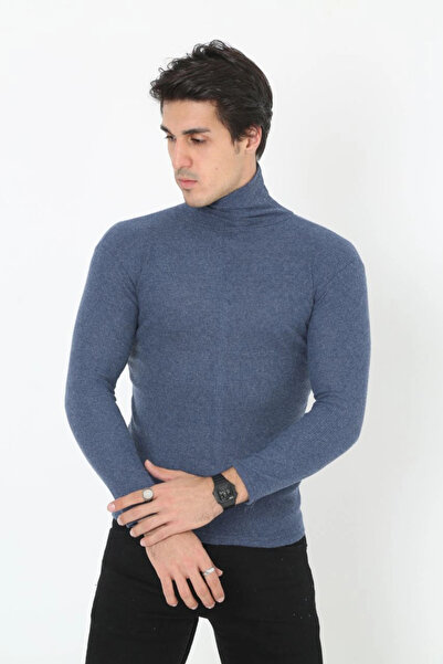 LUMİART Men's Camisole High-Neck Full Lycra Ribbed Body Sweater - Indigo