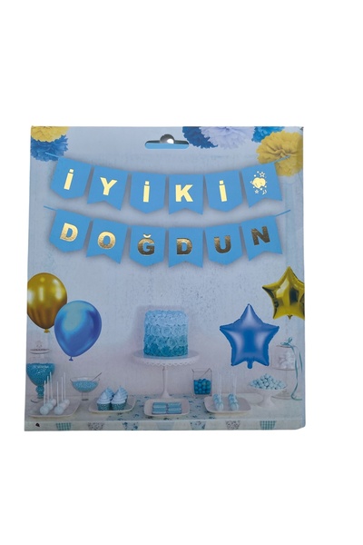 Butik Kutlama Atölyesi Altın Yaldızlı İyi Ki Doğdun Banner Mavi