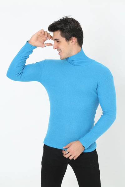 LUMİART Men's Camisole High-Neck Full Lycra Ribbed Body Sweater - Baby Blue