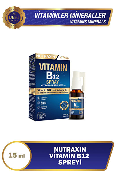 Nutraxin Vitamin B12 Sprey 15 ml – Metilkobalamin Formlu, Vegan, Hızlı Emilim...