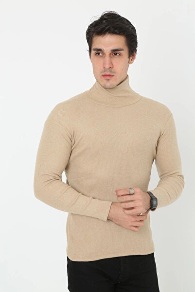 LUMİART Men's Camisole High-Neck Full Lycra Ribbed Body Sweater - Beige