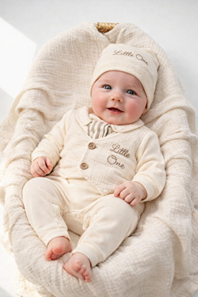 İZYALİF BABY Baby Boy Cotton Jumpsuit with Tie and Little One Written, 2-Piec...