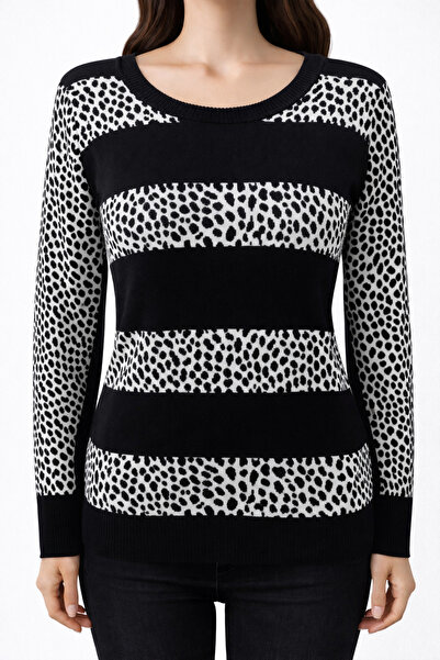 Neden Tekstil Striped and Leopard Patterned Black-White Knitwear Sweater