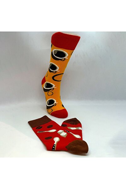 Biçorap06 Sağ Sol Farklı Kahve Keyfi Temalı Çılgın Çorap