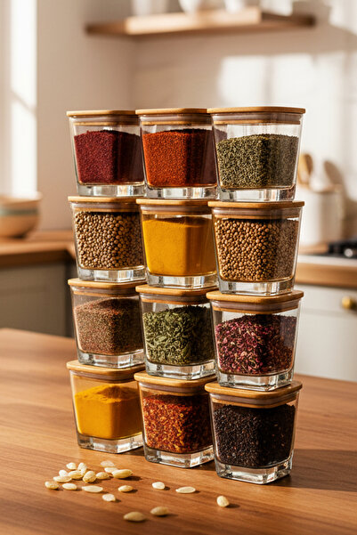 Snippy Belite - 12'li Bambu Kapaklı Vakumlu Cam Baharatlık Seti Çok Amaçlı Ca...