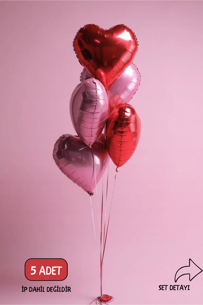 BALOMİS Pembe Kırmızı Kalp Folyo Balon Seti 5 Adet 18 İnç
