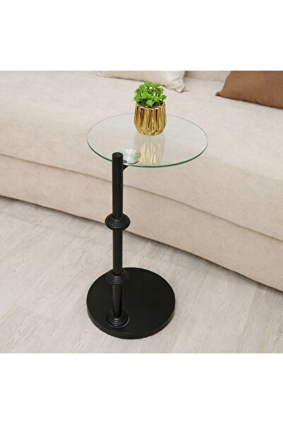 Generic Modern Round Service Table – Royal Black Frame with Clear Glass Top