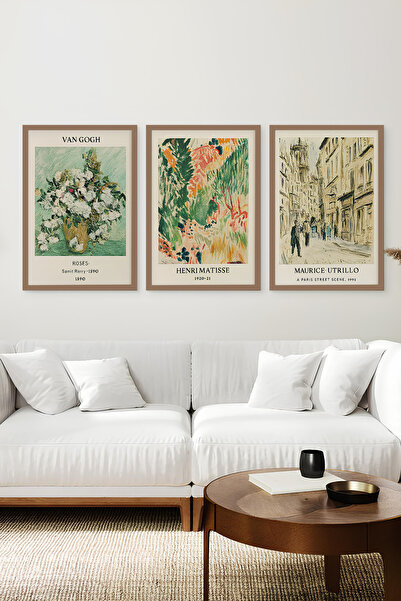 kutuTR Kahverengi Ahşap Çerçeveli 2DUV Baskı 3’lü MDF Tablo–Van Gogh, Matisse...