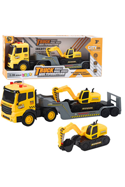 LEAN Platform truck with tracked excavator, 360 rotation, yellow, 1:16