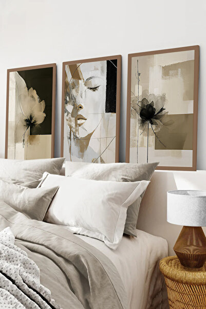 kutuTR Kahverengi Ahşap Çerçeveli 2DUV Baskı 3’lü MDF Tablo–Kadın Yüzü ve Siy...