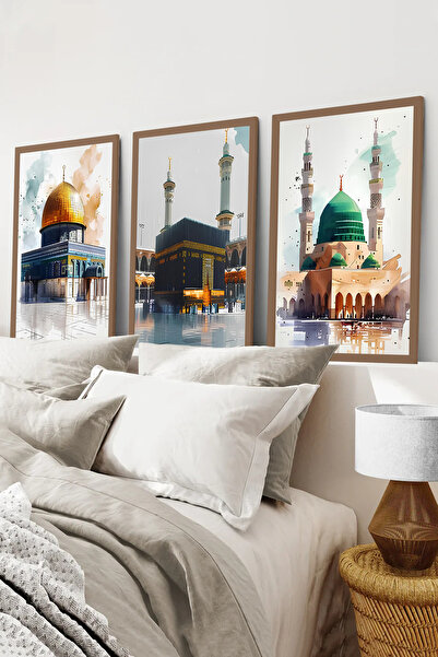 kutuTR Kahverengi Çerçeveli 2DUV Baskı 3lü MDFTablo–Kabe, Mescid-i Nebevi Kub...