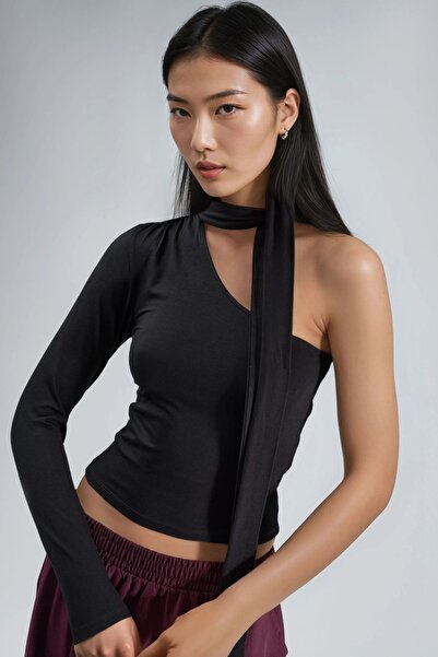 Hiccup Busem Single Sleeve Shawl Detailed Blouse