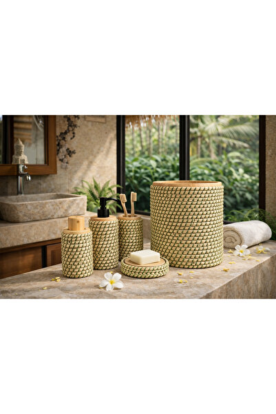 la lune home Jüt Kaplama 5 Parça Banyo Seti | Çöp Kovası Sabunluk Diş Fırçalık