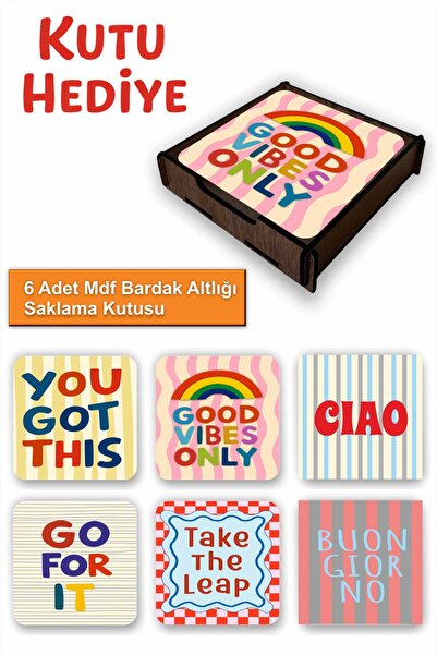 UNT Set of 6 Mdf Coasters with Storage Box – Motivational Quotes Themed