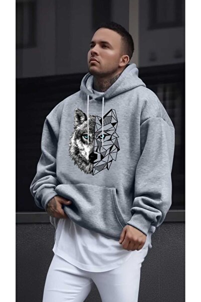 DİVİN Men's Street Style Wolf Pattern Hooded Sweatshirt