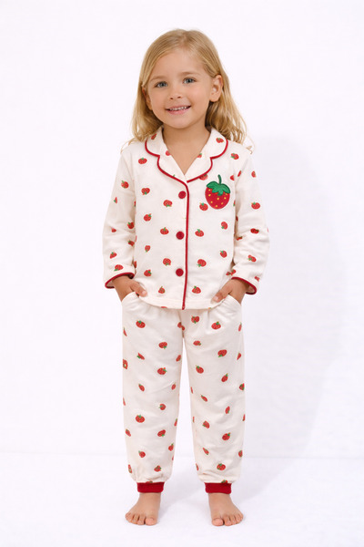 poli foni Strawberry Patterned Collared Front-Buttoned Girls' Pajama Set