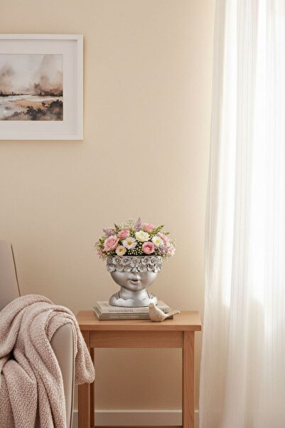 Store Gümüş Dekoratif Çiçekli Kız Saksı Yüz Figürlü Modern Ev Dekorasyonu