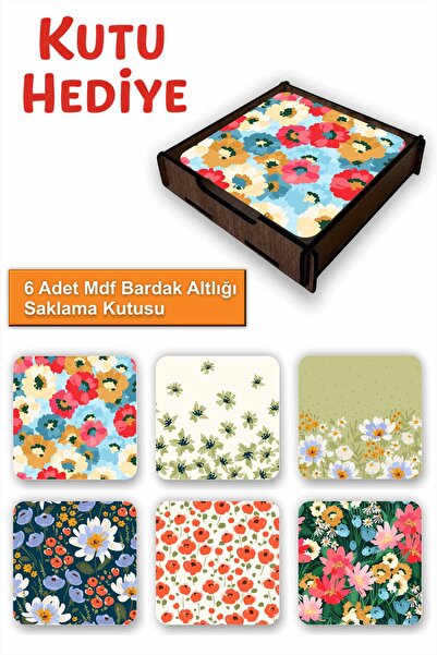UNT Set of 6 Mdf Coasters with Storage Box – Floral Theme