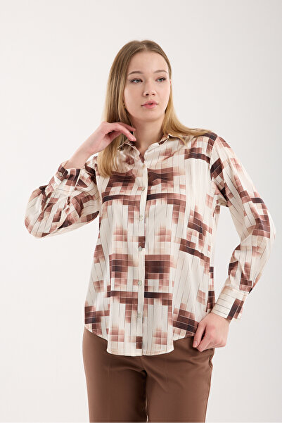 Moda Days Coffee-Cream Wide-Cuff Patterned Satin Shirt