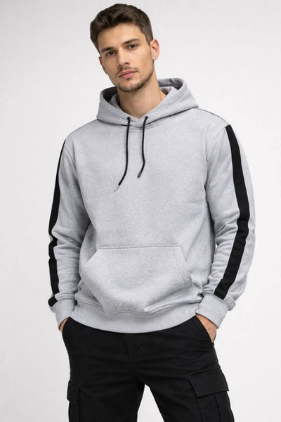 MODA Men's Striped Hooded Sweatshirt Oversize 3 Thread Cotton - White