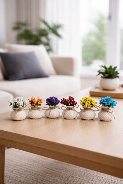 Metsare 6 lı Dekoratif Mini Set Çiçekli - 6 lı Mini Vazo Obje Biblo, Masa Süs...