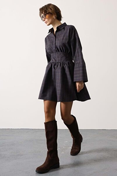 ibeeka Women's Navy Blue - Brown Woven Dress with Cuff Belt Detail - S