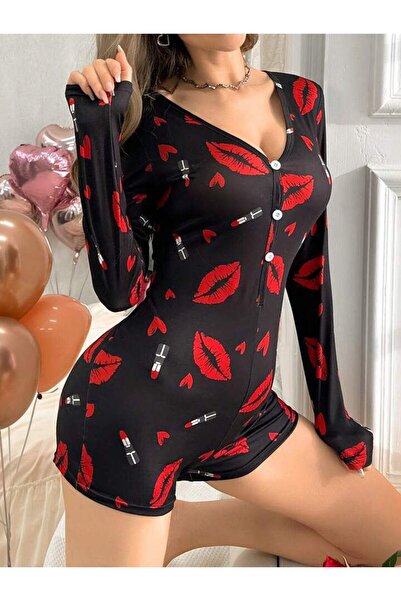 NYXELLE LİNGERİE Kadın Dudak Desenli Düğmeli Mini Şortlu Tulum Pijama - Love ...