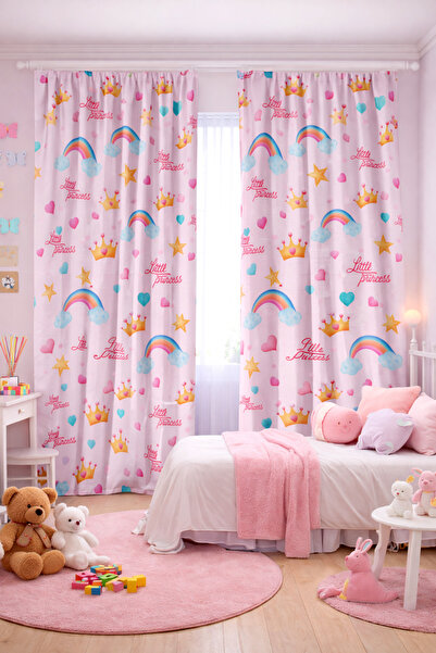 Bebişim Halı Girl's Room Double Winged Background Curtain with Rainbow Crown ...