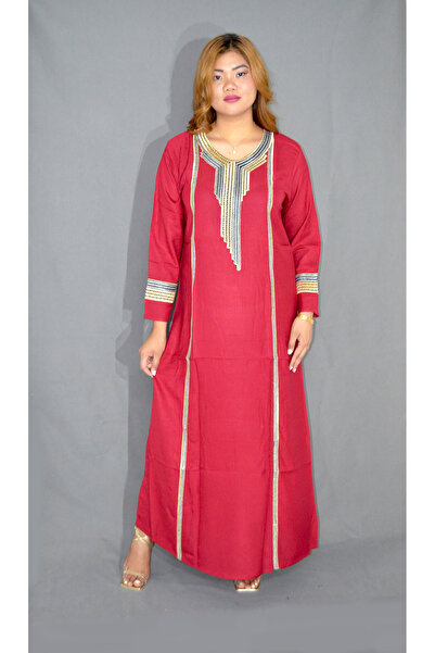 Zainah Embroidered Neck Jalabiya Modest Dress - Long Sleeve Viscose Polyester...