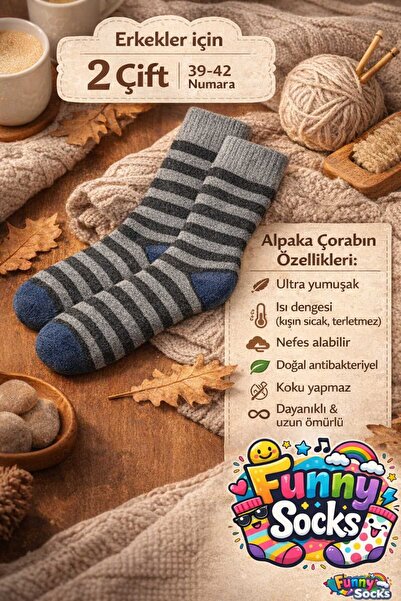 Funnysocksonline %100 Alpaka Yünü Çizgili Çorap – 2’li Set