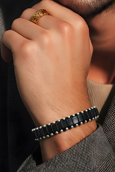 NBS Beautiful Naturel Stones Men's Black Leather Hematite Bracelet Stylish Ha...