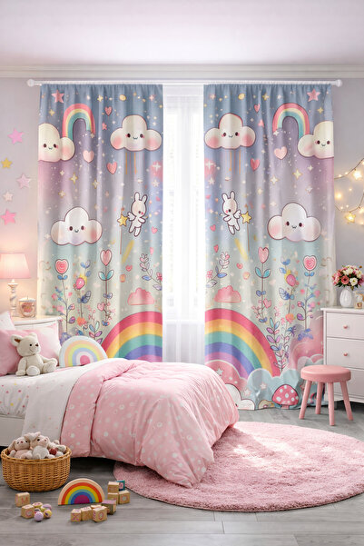 Bebişim Halı ستارة خلفية لغرفة الأطفال ذات جناحين مع نمط قوس قزح وسحابة وأرنب
