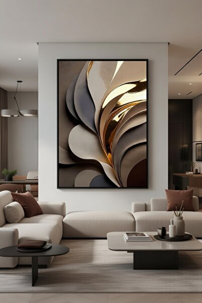 hollywest Lüks Bej & Gold Kıvrımlı Duvar Sanatı | Modern Çerçeveli Tablo