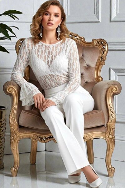 FashionForYou Transparent lace blouse, Velisse, with flared cuffs, White, Siz...