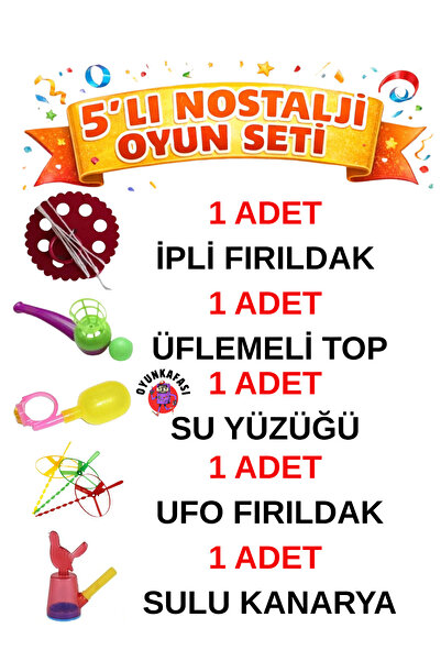 OYUNKAFASI NOSTALJİ 5`Lİ OYUN SETİ ( ÜFLEMELİ TOP, İPLİ FIRILDAK, SU YÜZÜĞÜ, ...