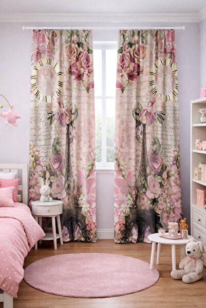 Bebişim Halı ستارة خلفية لغرفة الفتيات ذات جناحين مزدوجين مع نمط زهور برج إيفل