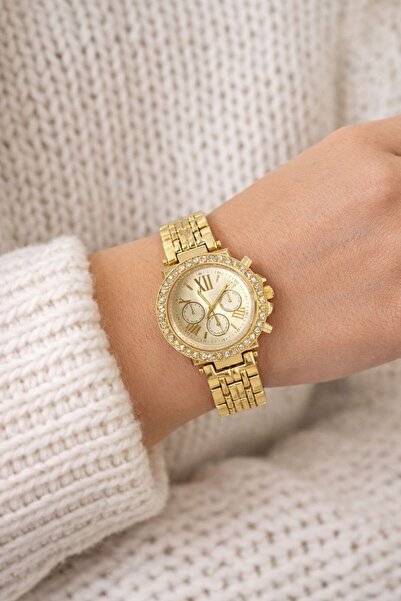 SEES AKSESUAR Altın Renk Metal Taş Detaylı Kadın Kol Saati